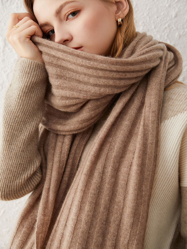 Ribbed Knit Wool-Cashmere Blend Shawl Scarf
