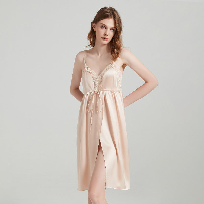 Pure Silk Lace Trim Split Hem Chemise Nightgown