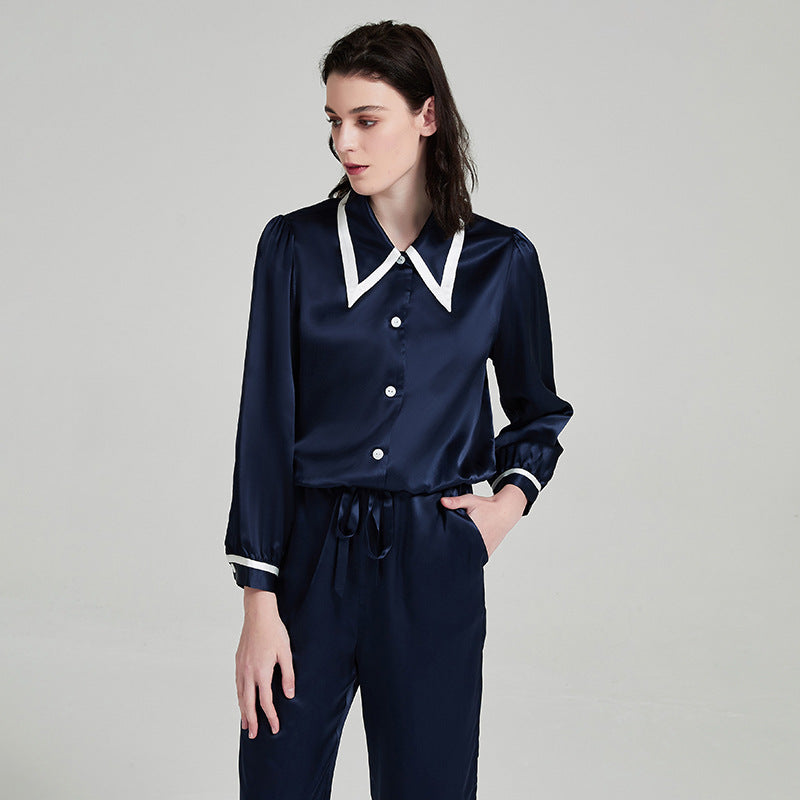 Silk Long Sleeved Pajama Set with Contrasting Color Accents