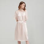 Drawstring Waist Silk Dress with Lace Trimmed Cuffs