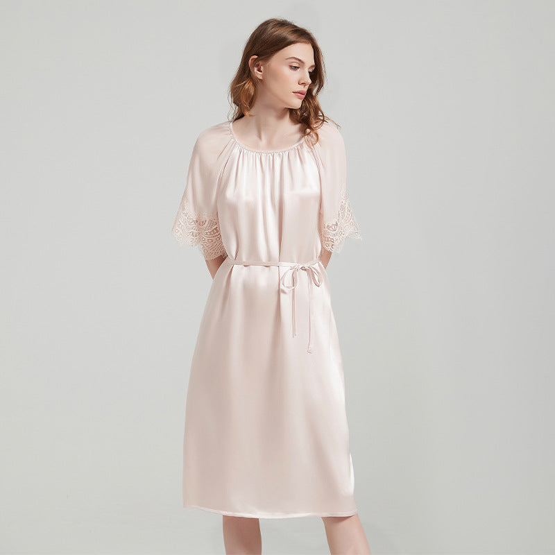 Drawstring Waist Silk Dress with Lace Trimmed Cuffs