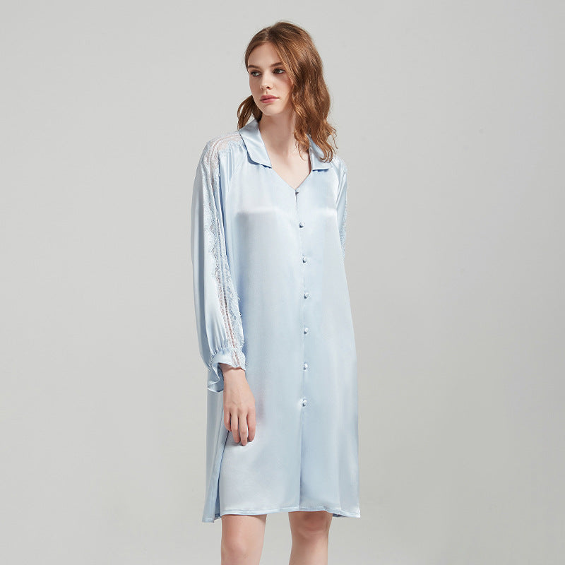 Silk Button Up Nightshirt with Lace Detailed Sleeves