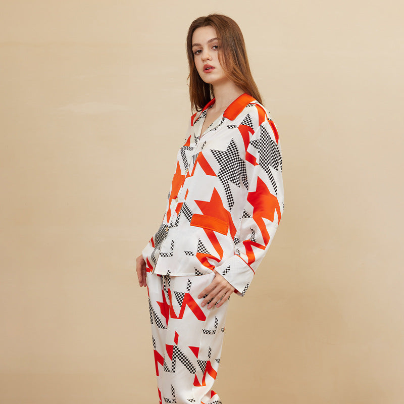 Houndstooth Print Contrast Color Silk Pajama Set