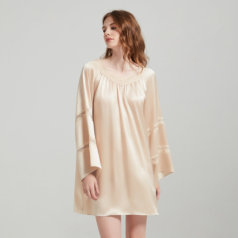 Silk Nightgown with Lace Trimmed Bell Sleeves