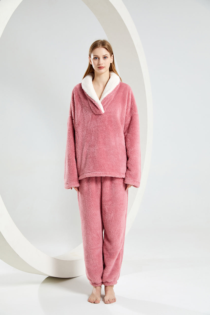 Warm Coral Fleece Pajamas Set With Sherpa Fur Collar