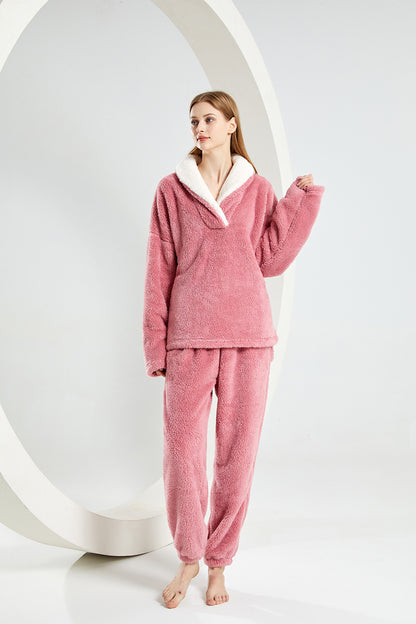 Warm Coral Fleece Pajamas Set With Sherpa Fur Collar