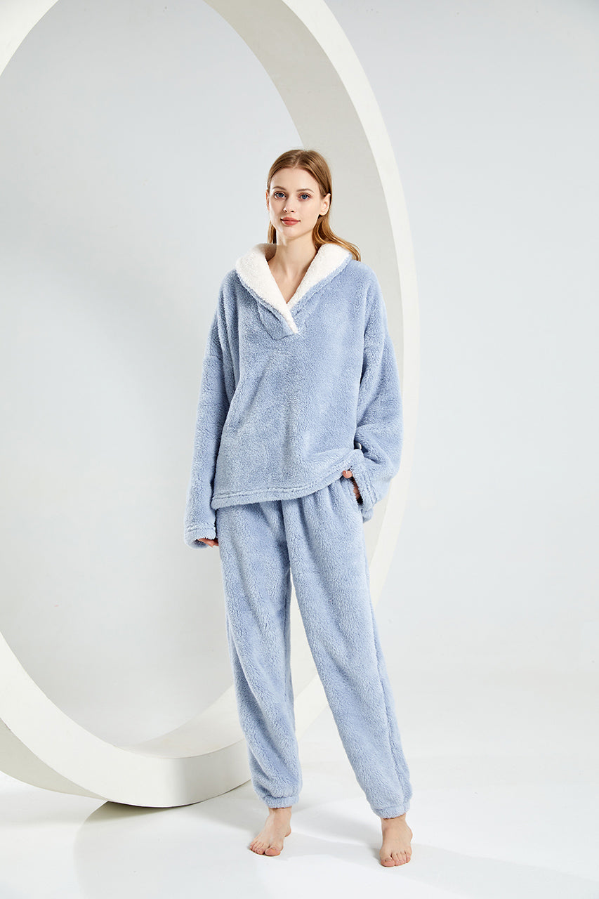 Warm Coral Fleece Pajamas Set With Sherpa Fur Collar