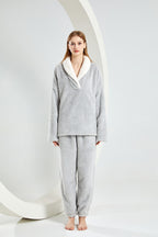 Warm Coral Fleece Pajamas Set With Sherpa Fur Collar