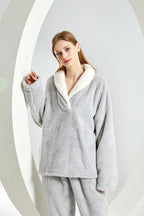 Warm Coral Fleece Pajamas Set With Sherpa Fur Collar