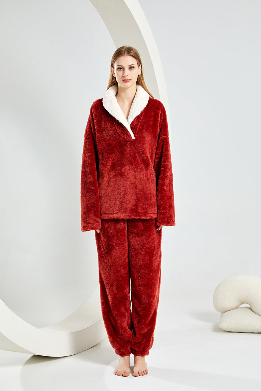 Warm Coral Fleece Pajamas Set With Sherpa Fur Collar