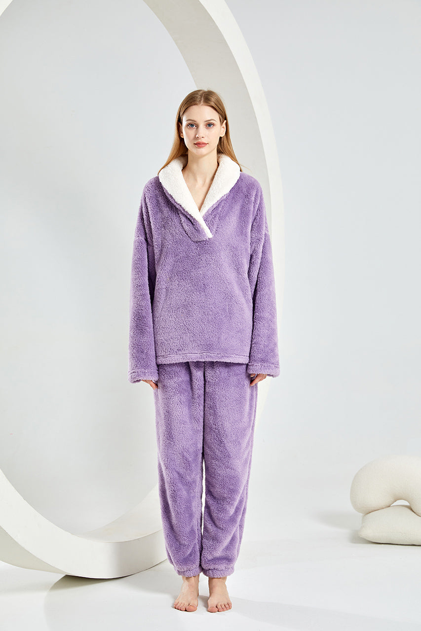 Warm Coral Fleece Pajamas Set With Sherpa Fur Collar