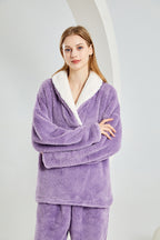 Warm Coral Fleece Pajamas Set With Sherpa Fur Collar