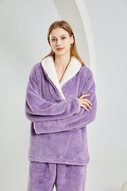 Warm Coral Fleece Pajamas Set With Sherpa Fur Collar