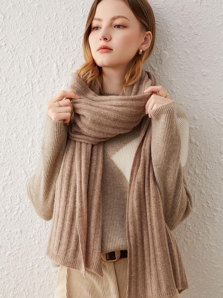 Ribbed Knit Wool-Cashmere Blend Shawl Scarf