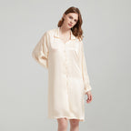 Silk Button Up Nightshirt with Lace Detailed Sleeves