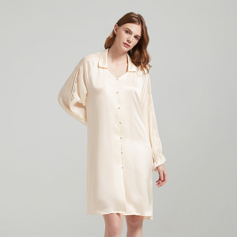 Silk Button Up Nightshirt with Lace Detailed Sleeves