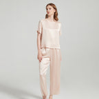 Silk Pajama Set with Lace Detailing on Sleeves and Pant Sides