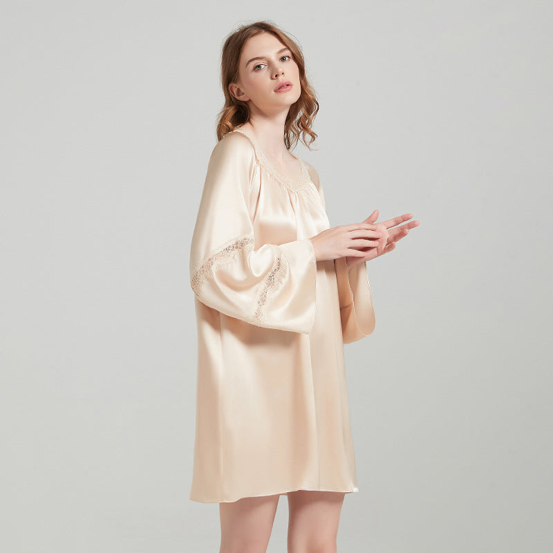 Silk Nightgown with Lace Trimmed Bell Sleeves
