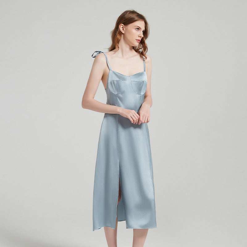 Pure Silk Strap Split Hem Midi Long Dress