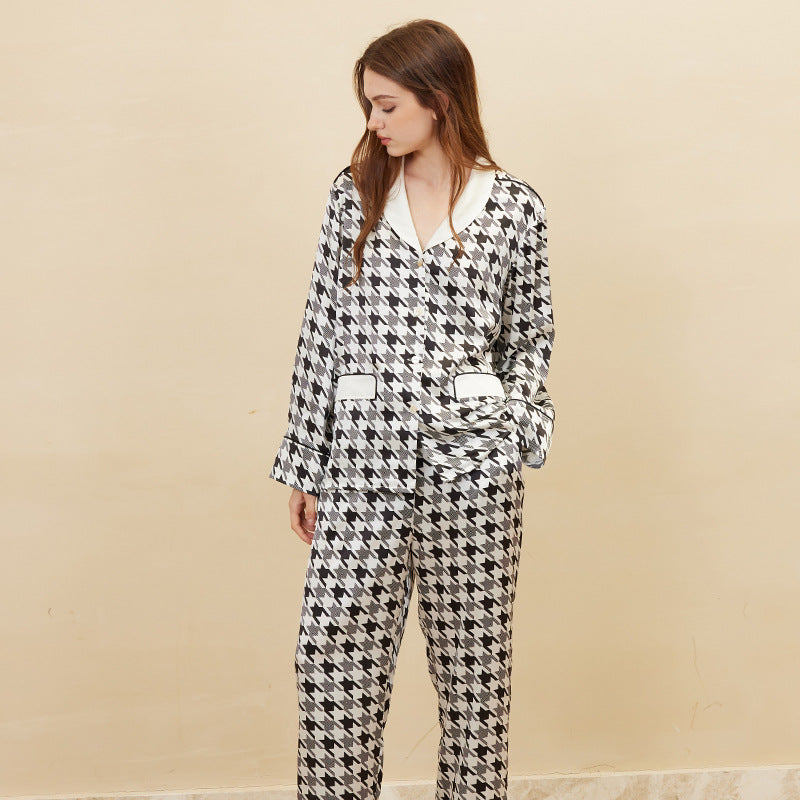 Classic Contrast Color Houndstooth Pattern Silk Pajama Set