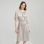 Drawstring Waist Silk Dress with Lace Trimmed Cuffs