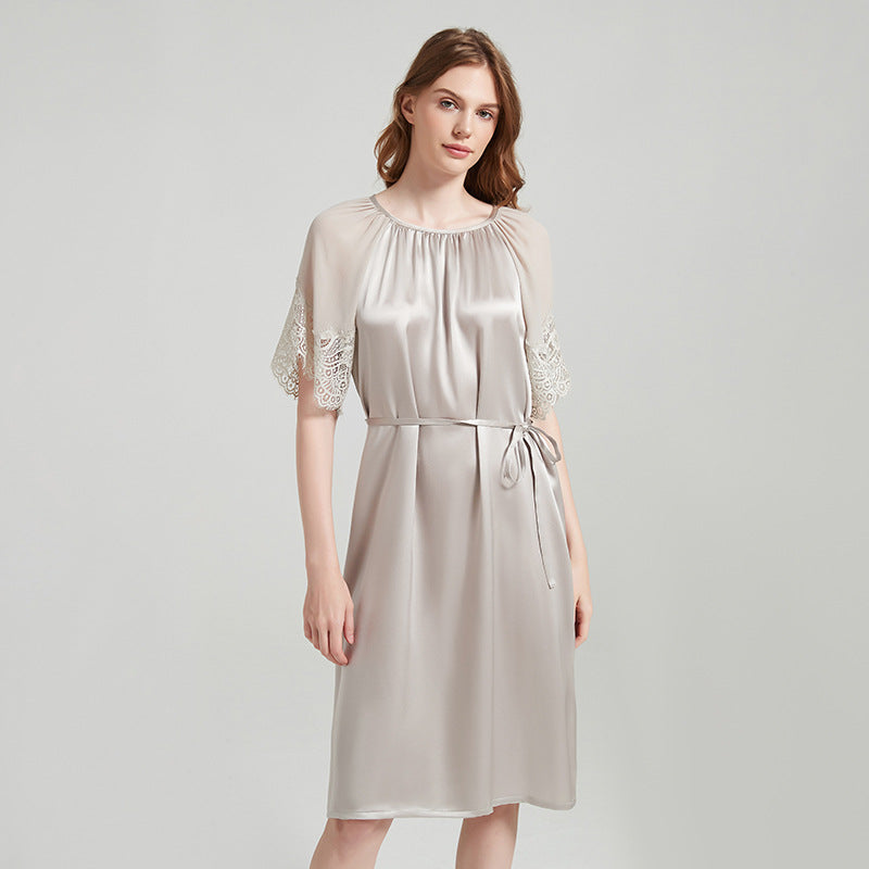 Drawstring Waist Silk Dress with Lace Trimmed Cuffs