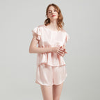 Silk Ruffled Short Sleeves Top & Shorts Pajama Set
