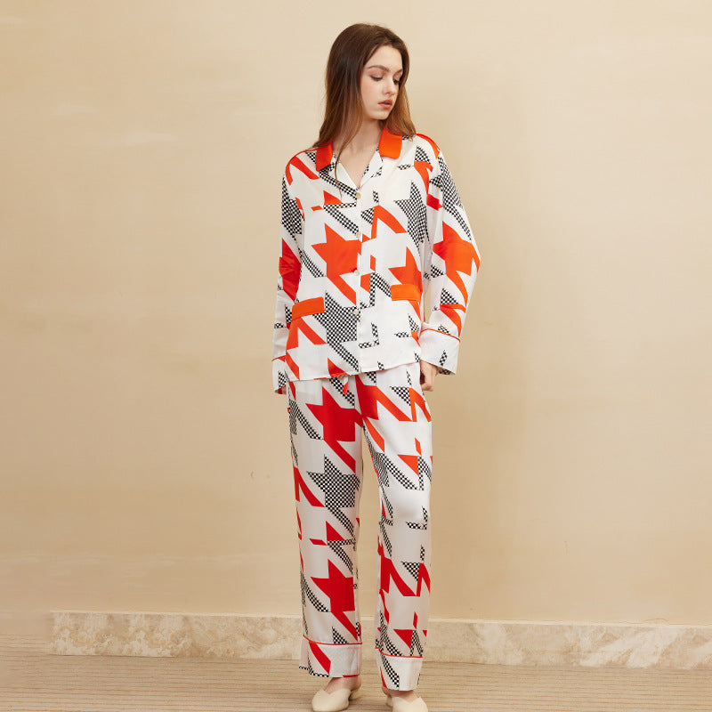 Houndstooth Print Contrast Color Silk Pajama Set