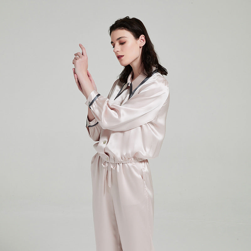 Silk Long Sleeved Pajama Set with Contrasting Color Accents