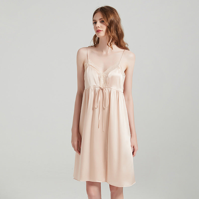 Pure Silk Lace Trim Split Hem Chemise Nightgown
