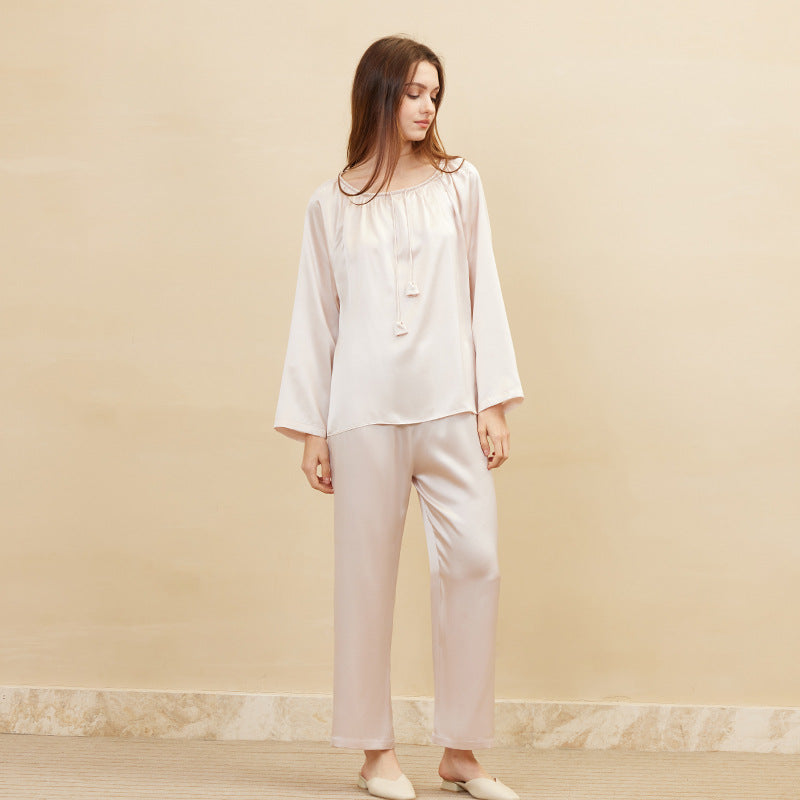 Round Neck Drawstring Top & Pants Silk Pajama Set