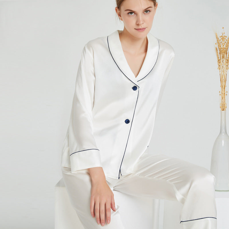 Shawl Collar Pajama Set with Contrasting Color Lines