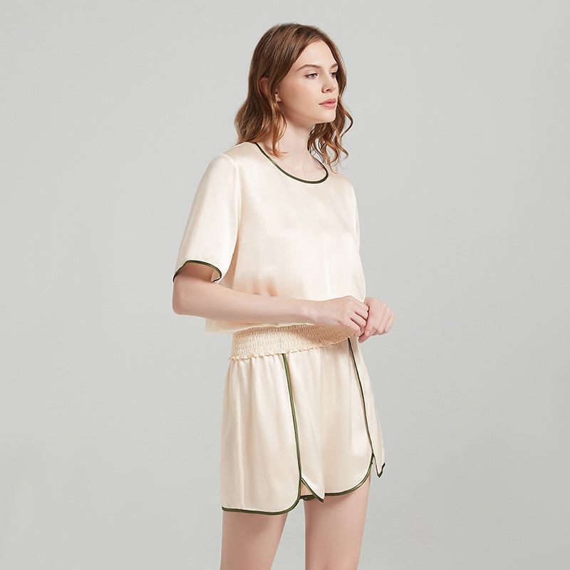 Contrast Color Trim Silk Short Sleeved Top and Shorts Pajama Set