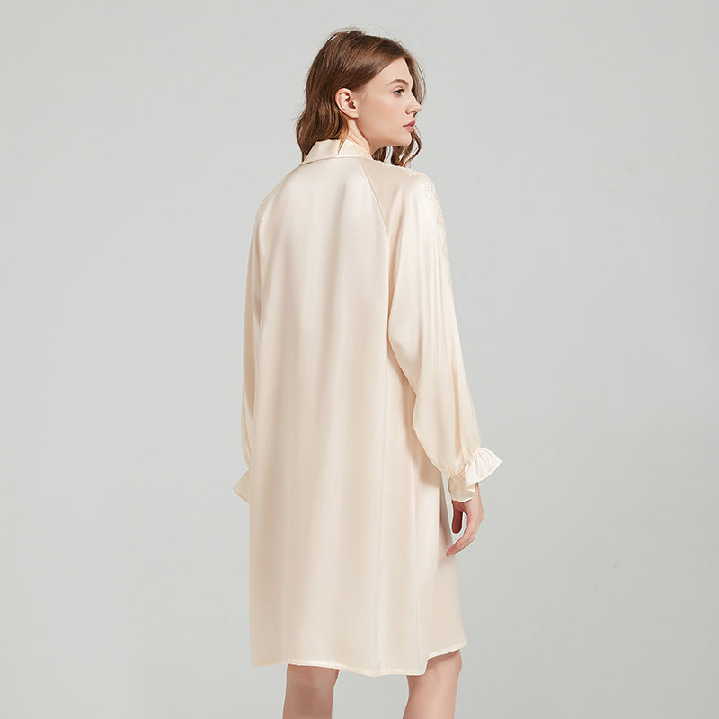 Silk Button Up Nightshirt with Lace Detailed Sleeves