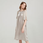 Drawstring Waist Silk Dress with Lace Trimmed Cuffs