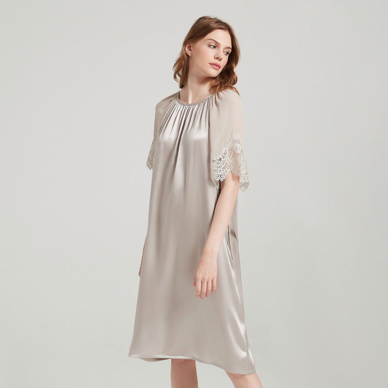 Drawstring Waist Silk Dress with Lace Trimmed Cuffs