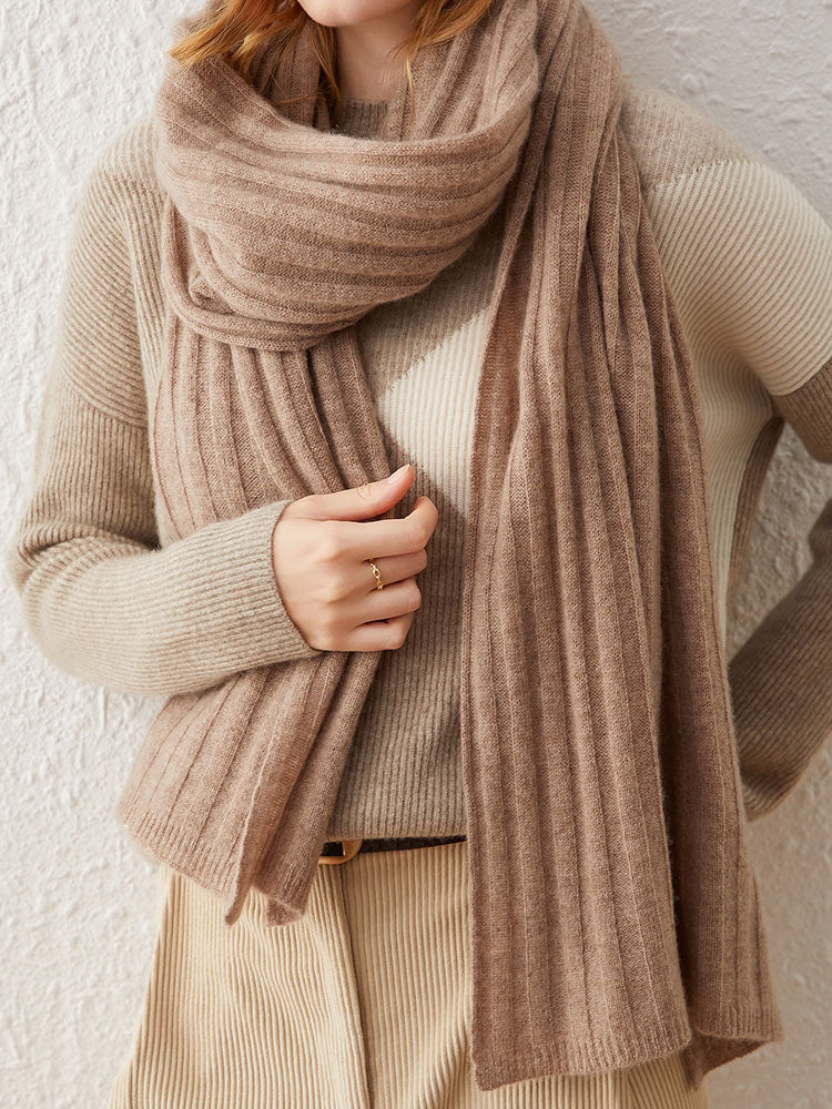 Ribbed Knit Wool-Cashmere Blend Shawl Scarf