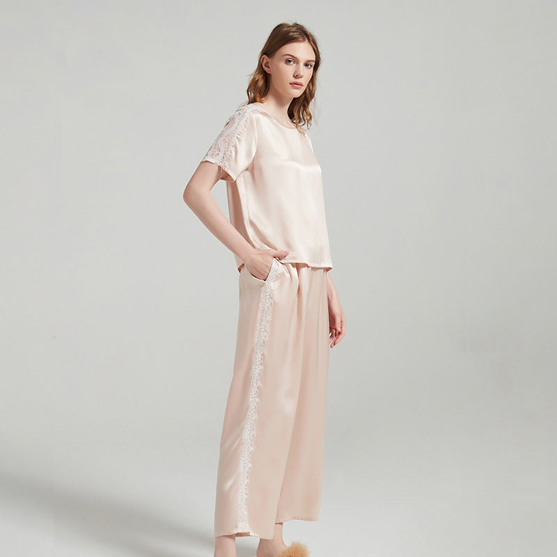 Silk Pajama Set with Lace Detailing on Sleeves and Pant Sides