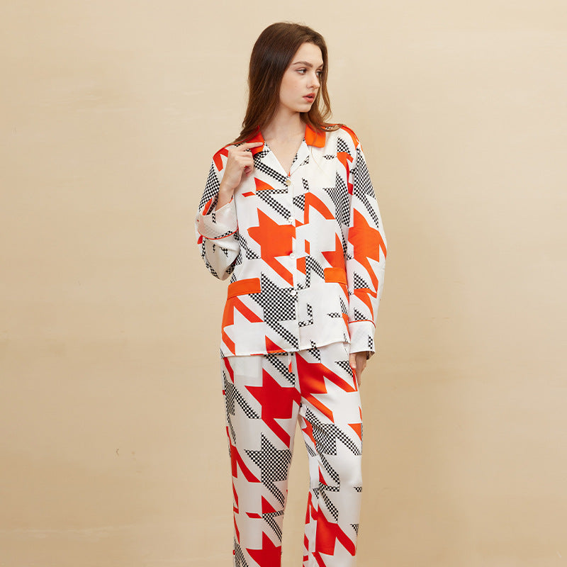 Houndstooth Print Contrast Color Silk Pajama Set