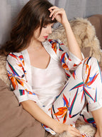 Classic Printed Belted Silk 3Pcs Pajama Set