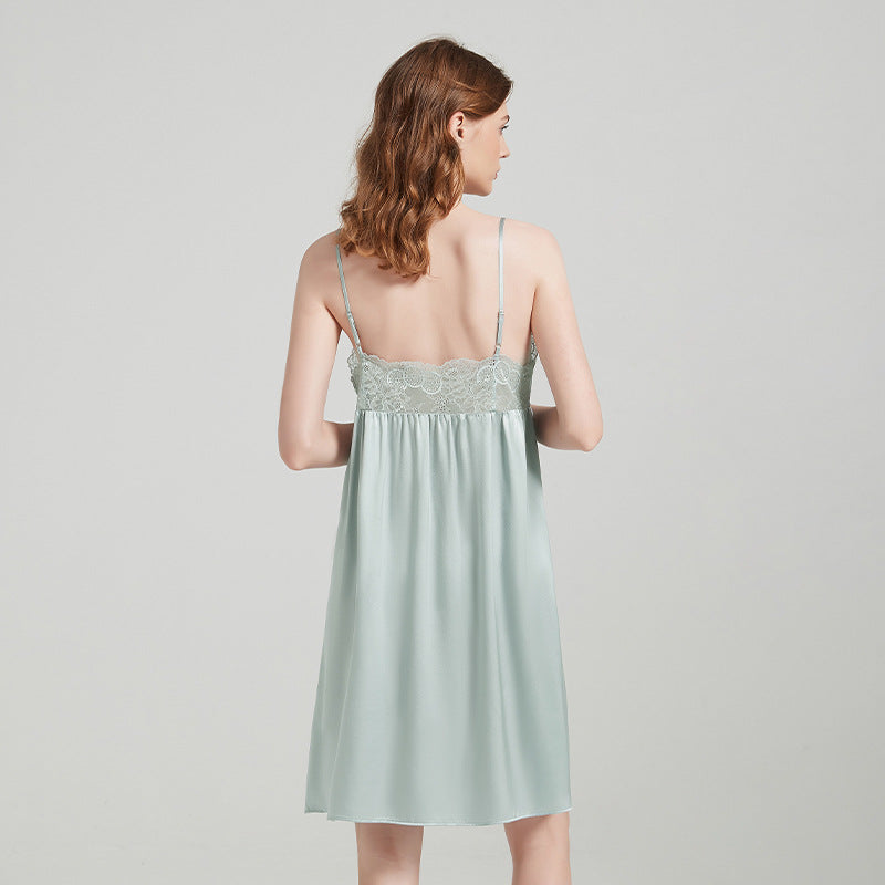 Pure Silk Lace Trim Split Hem Chemise Nightgown