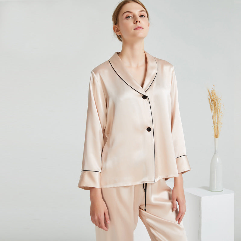 Shawl Collar Pajama Set with Contrasting Color Lines