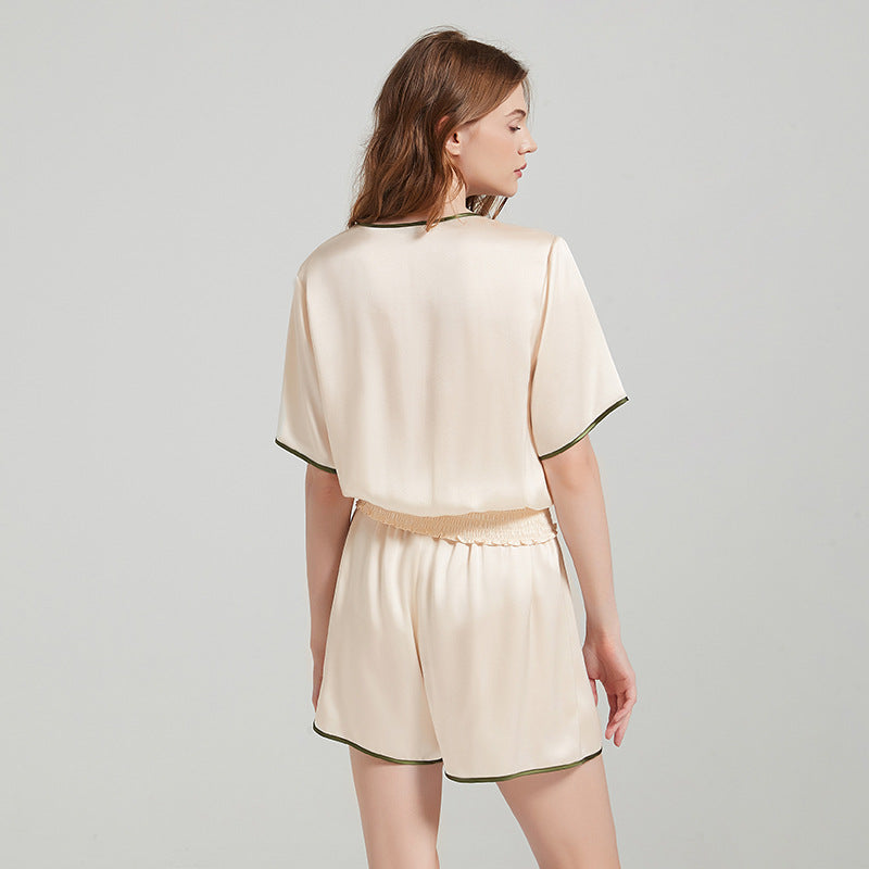 Contrast Color Trim Silk Short Sleeved Top and Shorts Pajama Set