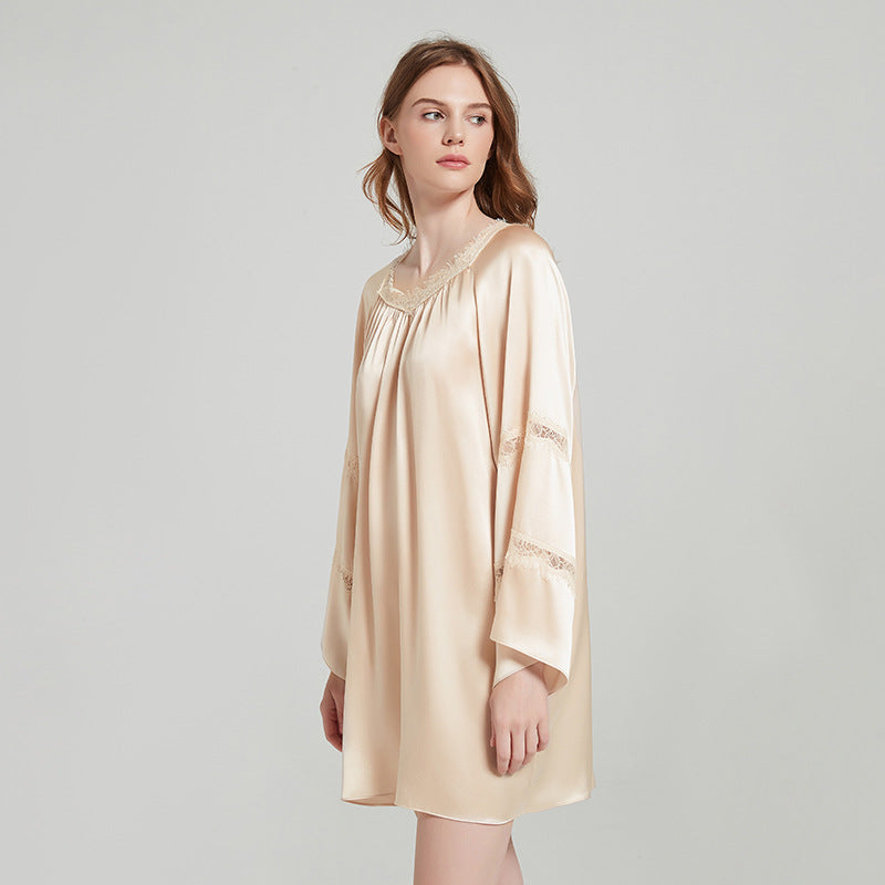 Silk Nightgown with Lace Trimmed Bell Sleeves