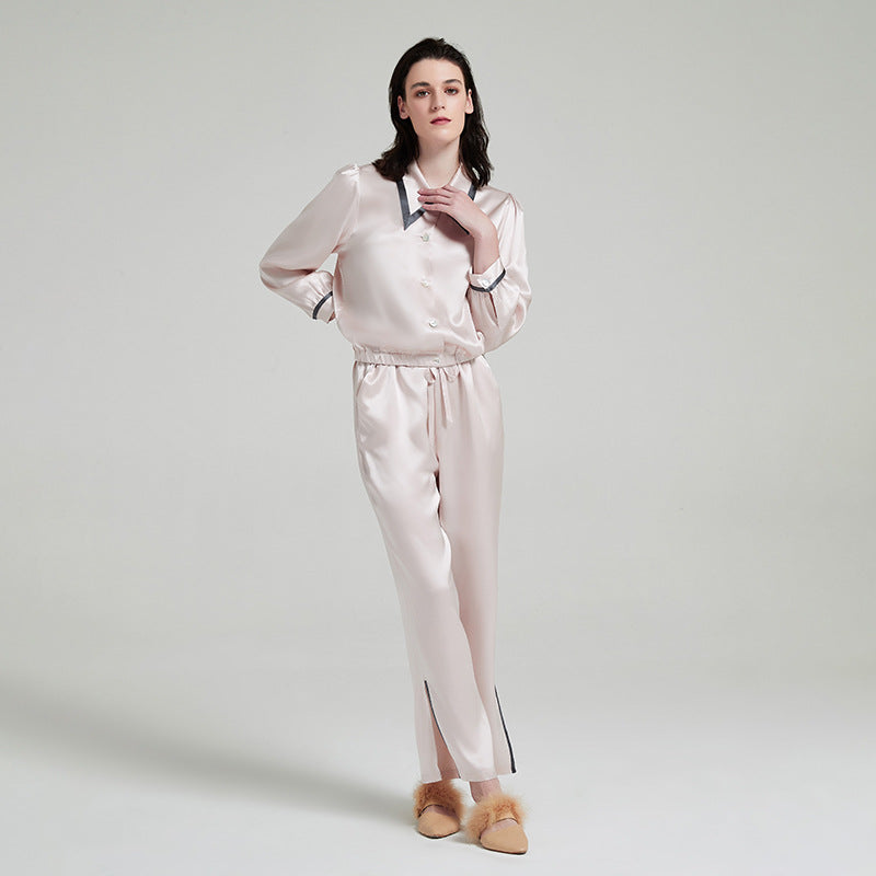 Silk Long Sleeved Pajama Set with Contrasting Color Accents