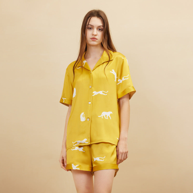 Golden Panther Printed Silk Pajama Set
