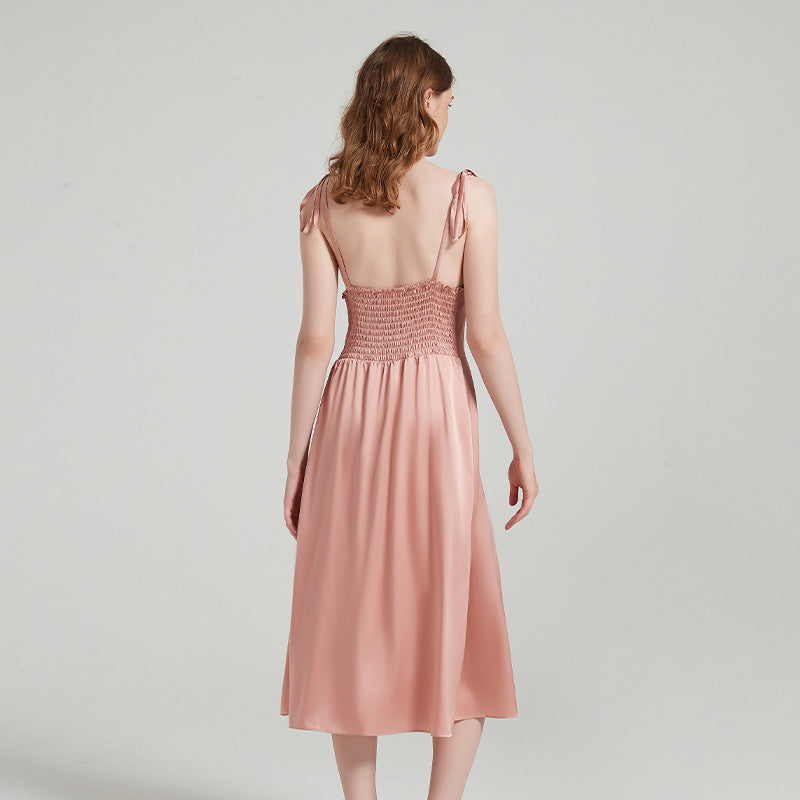 Pure Silk Strap Split Hem Midi Long Dress