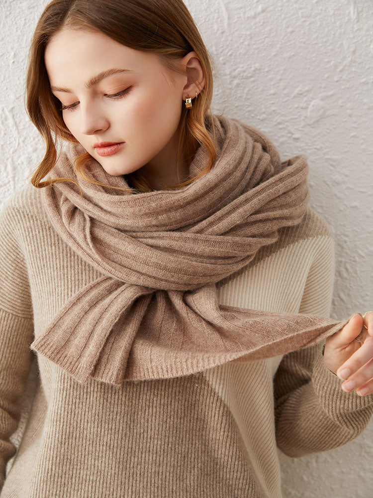 Ribbed Knit Wool-Cashmere Blend Shawl Scarf