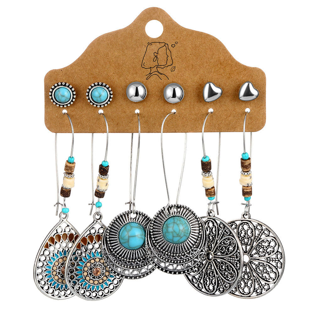 6Pcs Bohemian Turquoise & Wood Earrings Set3