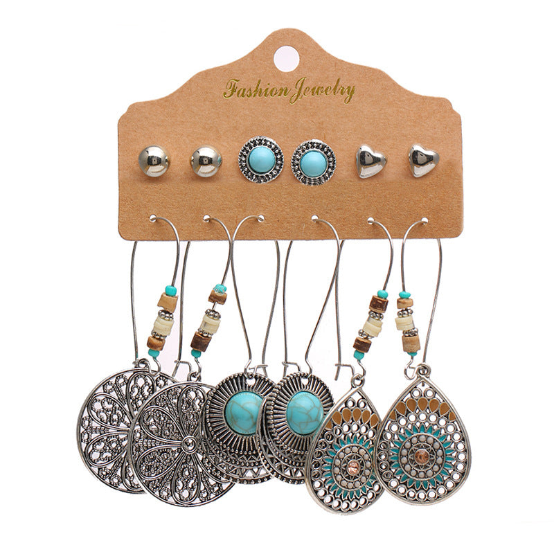 6Pcs Bohemian Turquoise & Wood Earrings Set4